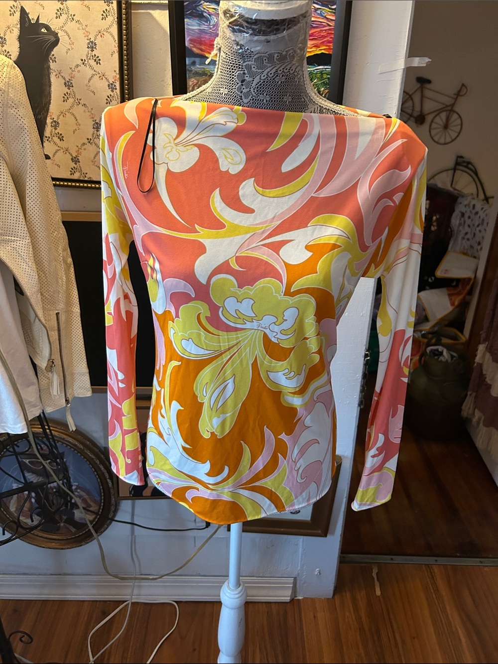 Emilio Pucci Long-Sleeve Swirl Print Top in Orange, Pink & Yellow - Picture 2 of 4
